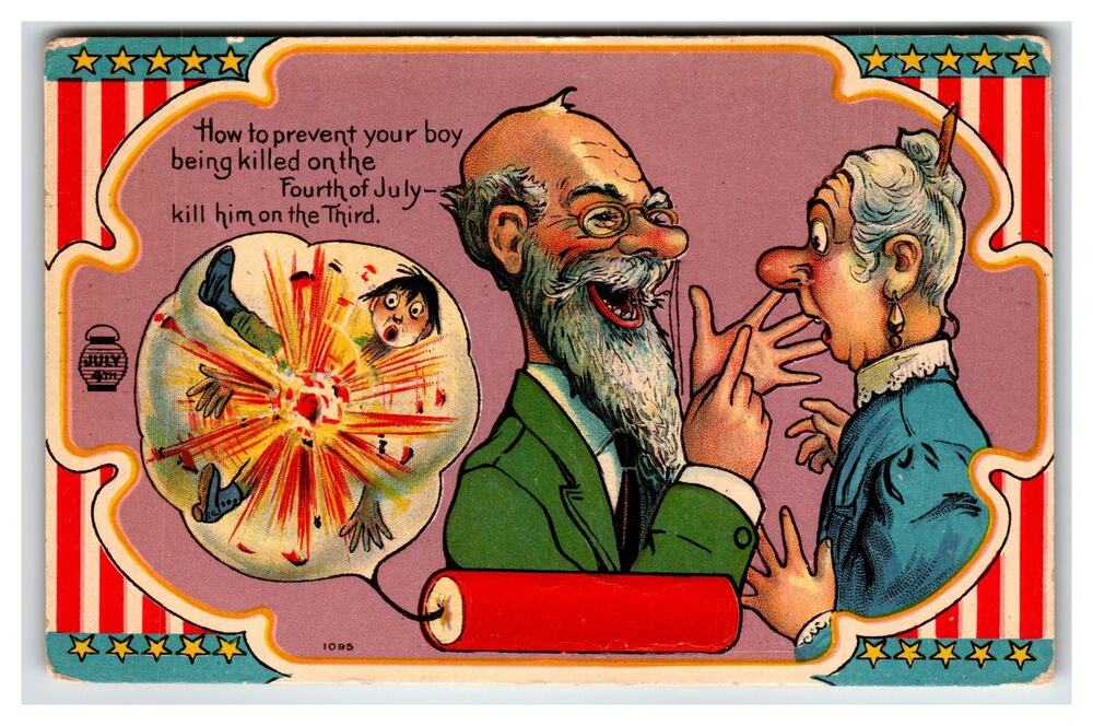 Vintage Fourth of July Dark Humor Postcard - Exploding Boy Firecracker Joke
